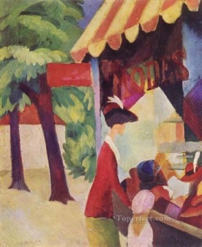  sombrero Pintura - Una mujer con chaqueta roja y un niño ante la tienda de sombreros August Macke